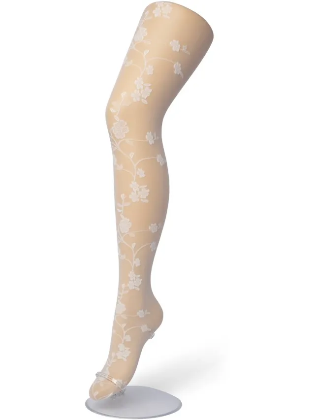 Bonnie Doon Dames Bloemen Panty 20 Denier Off White - Chique Panty - Gebloemd Dessin - Brede Boord - Comfort - Bloemenprint - Bloem - Bloom Tights - Feestelijk - Gebroken Wit - Ecru - Crème - Ivory - BP201908.250