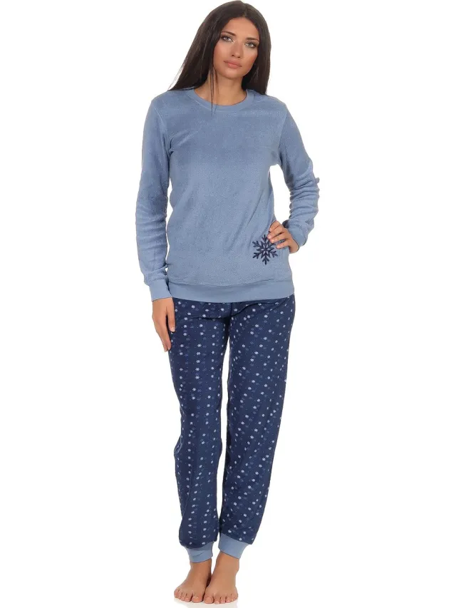 Normann Dames badstof pyjama met manchetten - ijskristalmotief - 291 201 13 900 blau