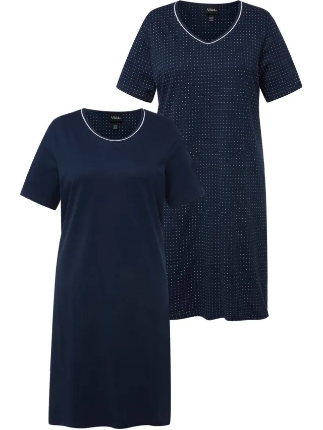 Ulla Popken Dames - Bigshirts set van 2 ronde hals/V-hals korte mouw - Nachtblauw - Maat 54+