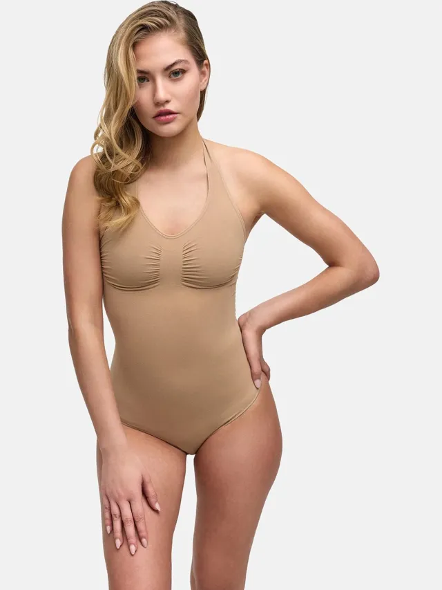 cfab Halterbodysuit met bijpassend slipje - Beige - M - Corrigerende Body - Naadlos - corrigerend ondergoed dames