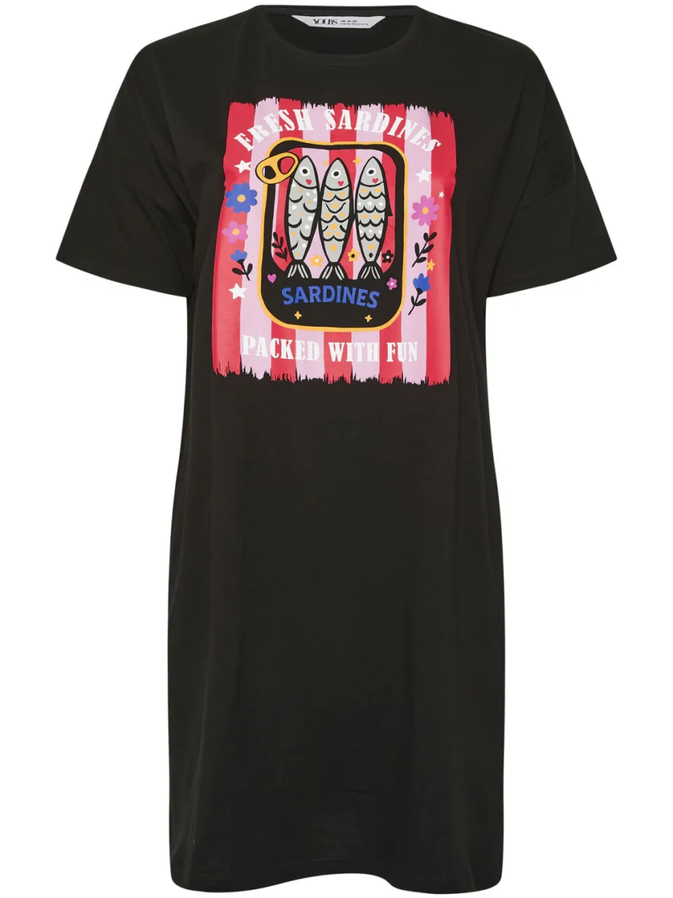 Yours Zwarte 'Fresh Sardines' Slaaptshirtnachtjurk-44, foto 4