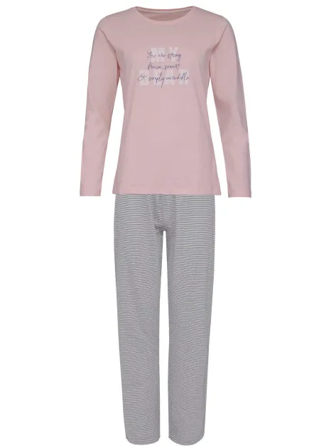 By Louise Dames pyjama set lang katoen roze / grijs gestreept Veelkleurig