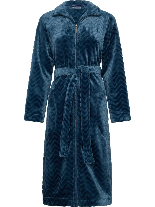 Pastunette Badjas - Nordic Bloom - Fleece - Donkerblauw - Rits