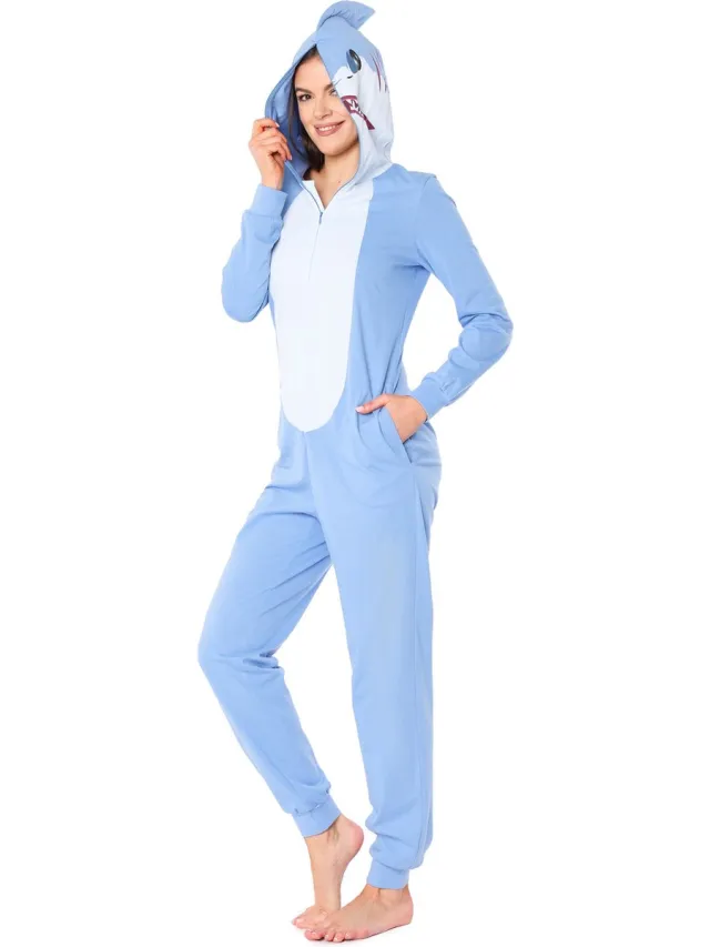 Ladeheid Dames Overal slapen Pyjama - met Capuchon - Lange mouwen - Lange broek - Katoen - LA-LA40-234-PJ - Blauwe Haai