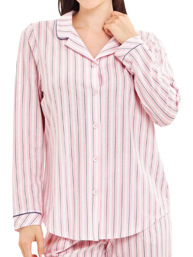 Rösch Dames pyjamashirt Basic rose stripe