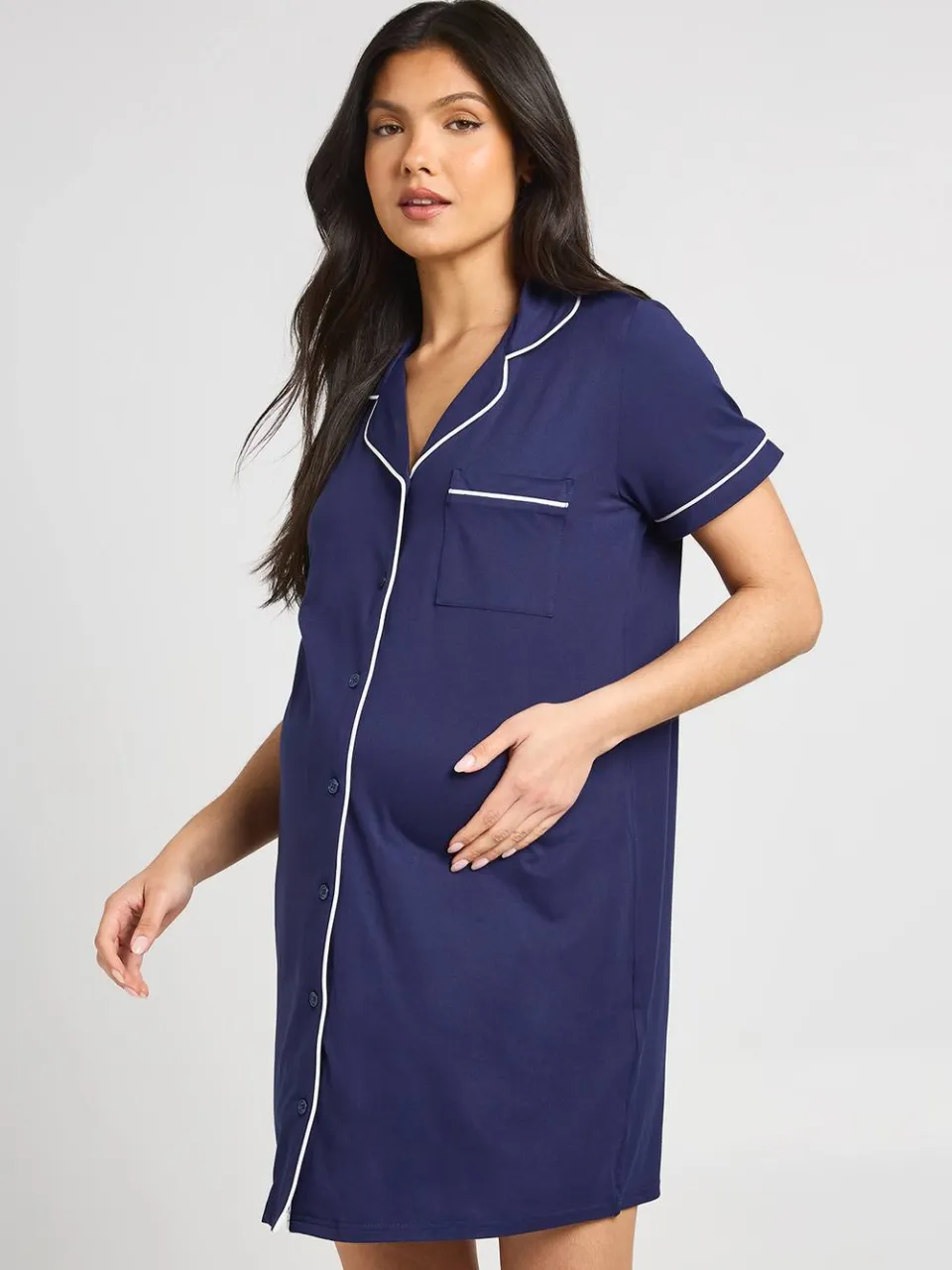 boohoo Dames Zwangerschapsnachthemd Met Korte Mouwen En Paspeldetail marineblauw, foto 3
