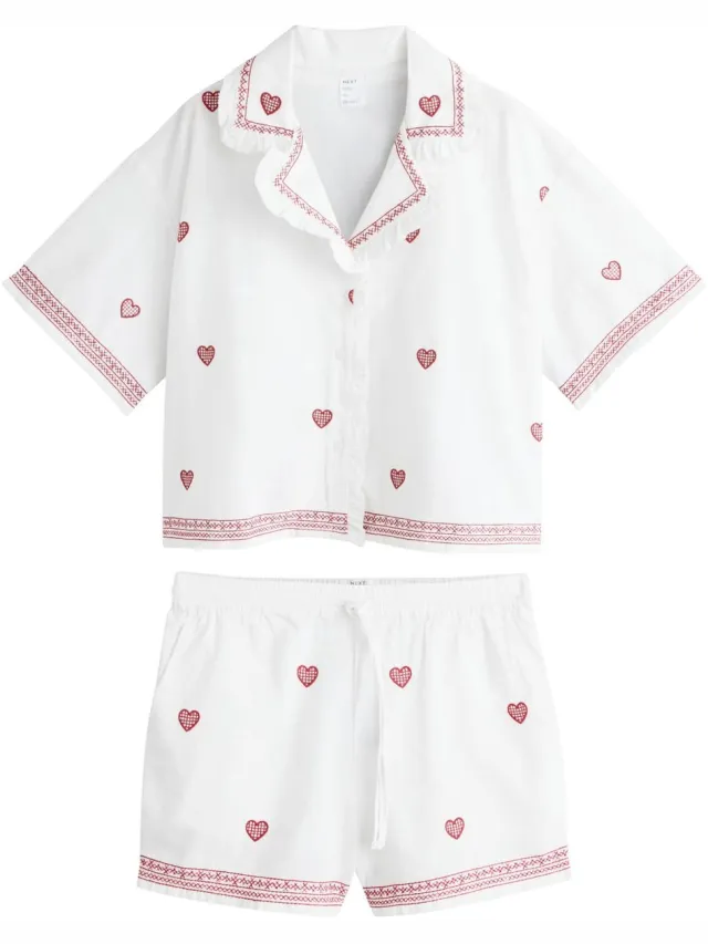 Next Dames - Korte pyjamaset met doorknoopsluiting - Crème Neutral Heart