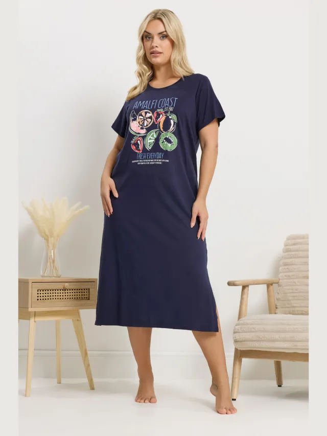 Yours Navy Blauwe 'Amalfi Coast' Midaxi Nachthemd-48 Blue