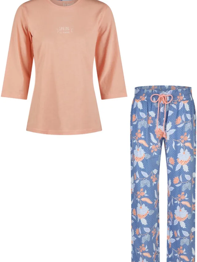 By Louise Dames Pyjama Set Lang Oranje/Blauw Gebloemd