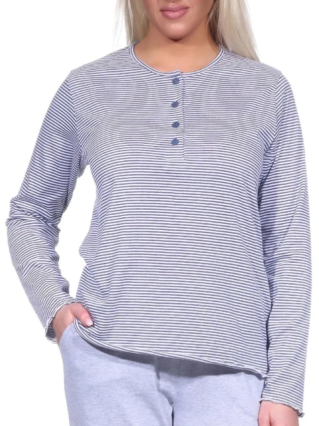 Normann Dames Pyjama Top Mix & Match met lange mouwen in gestreepte optiek blau-melange