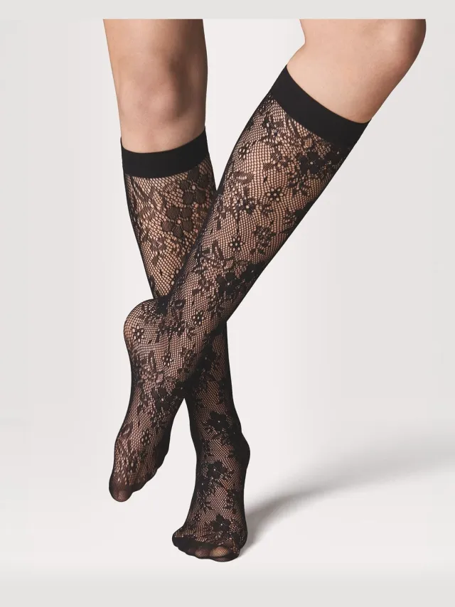 HEMA Kniekousen fashion net bloemenkant zwart (zwart)