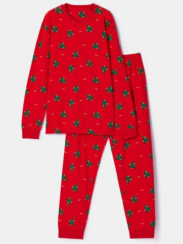 Woody pyjama unise - rood - kerstboom all-overprint - 253-18-CPA-Z/995