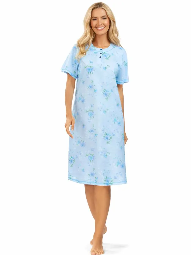 Comtessa dames Nachthemd Klassiek – 105 cm – Blauw Bloemenprint – Korte Mouw – 100% Katoen