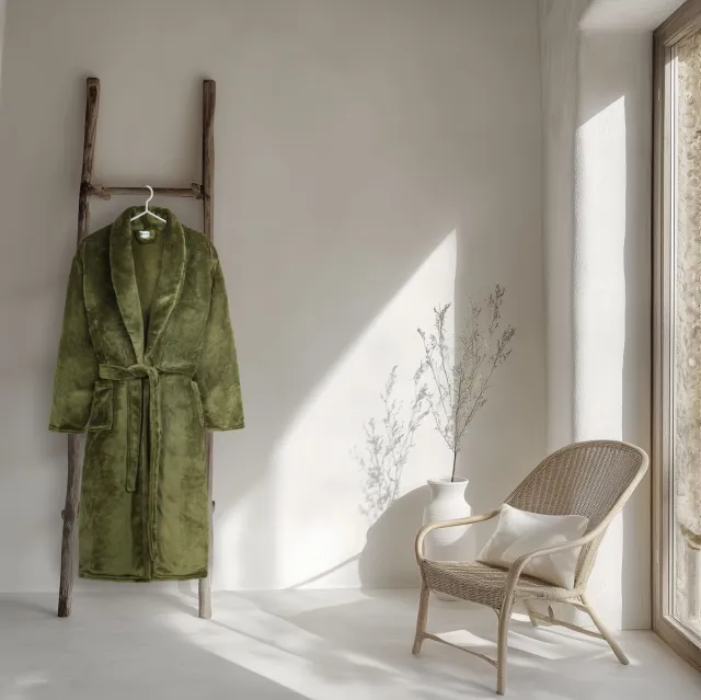 Good Morning badjas effen kleur - Olijfgroen - 100% Polyester flanel