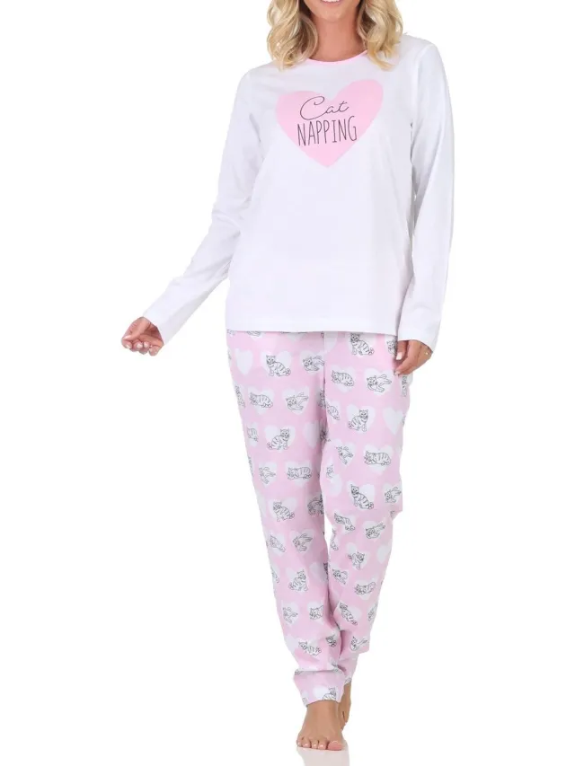 Normann dames pyjama met lange mouwen en hart- en kattenmotief rosa