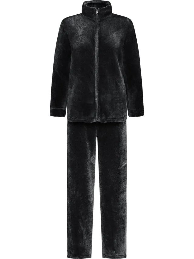 GAUBERT Dames Fleece Huispak met Rits - Loungewear - Superzacht en Warm Coral Fleece - Zwart - 2332-Black Met Rits, Effen Zwart