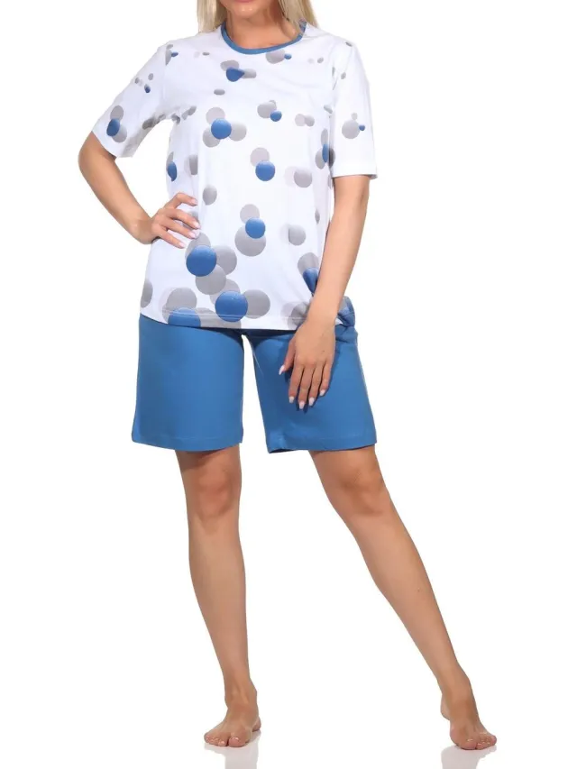 Normann damespyjama shorty met korte mouwen in stippenlook - ook in grote maten blau