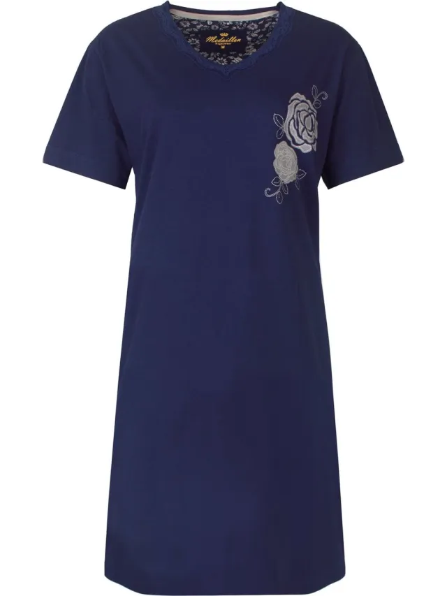 Medaillon Dames Nachthemd - Katoen - Korte Mouwen - Donker Blauw