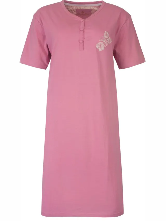 Medaillon Dames Nachthemd - Korte Mouwen - Knoopjes - Roze