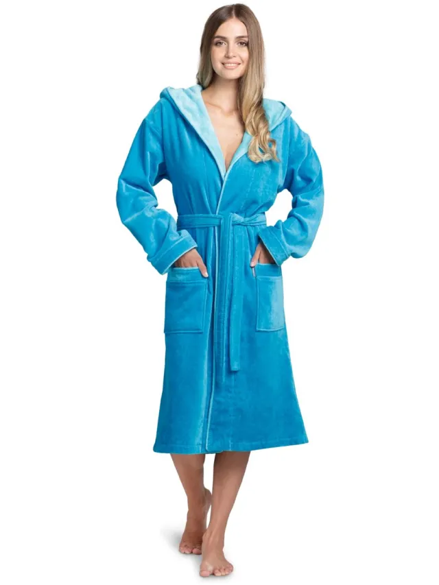 Ibenzoa Luxueuze Damesbadjas van Hoogwaardige Katoen Velours met Capuchon en Oeko-Tex Certificering blauw