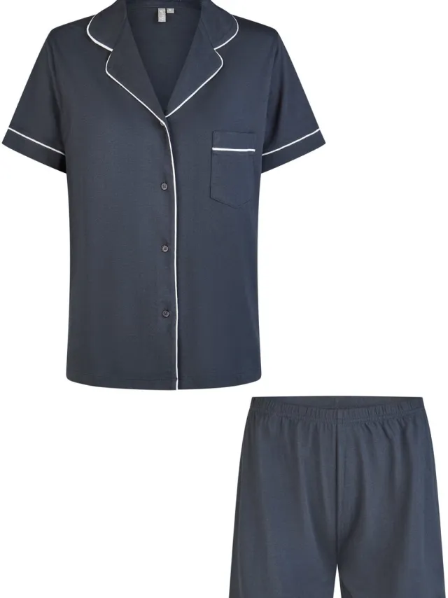 By Louise Dames Korte Pyjama Set Modal Shortama Met Knoopsluiting Donkerblauw