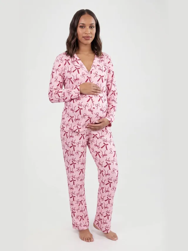 boohoo Dames Zwangerschaps Pyjama Set Met Strikjesprint, Lange Mouwen Shirt & Broek Roze