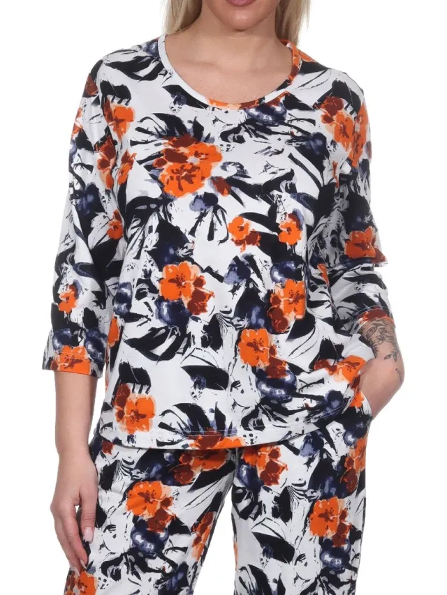 Normann Dames Pyjama Shirt Lange Mouw Pyjama Top Mix & Match in Floral Optics oranje