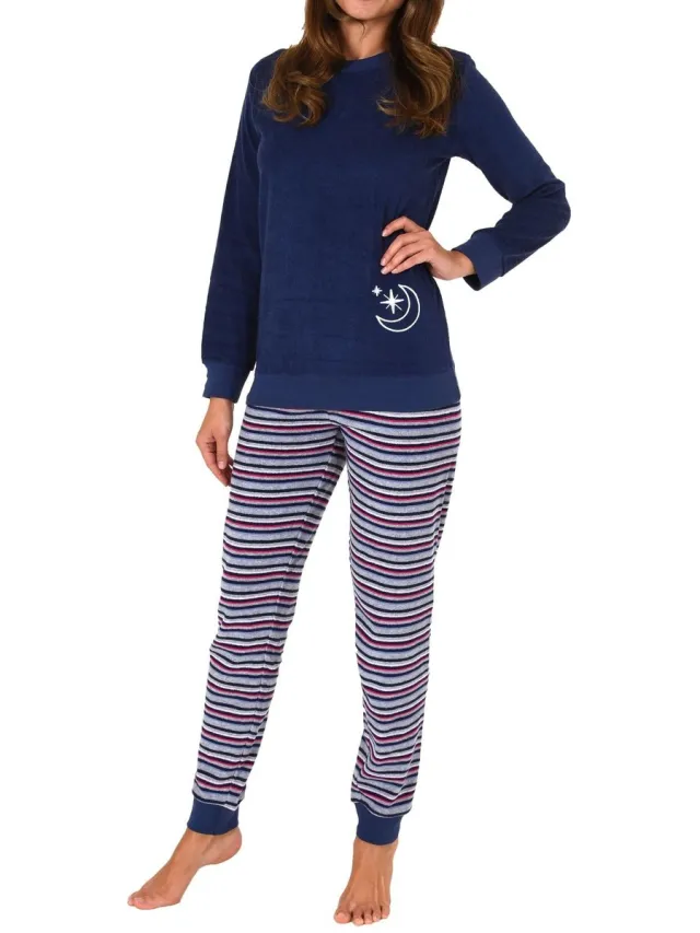Normann damespyjama badstof met lange mouwen en manchetten - pyjama ook in oversize navy