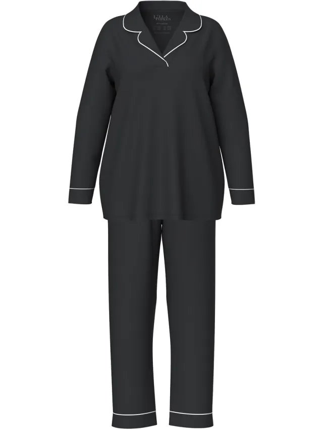 Ulla Popken Dames - Pyjama fraaie paspels V-hals lange mouwen - Zwart - Maat 54+