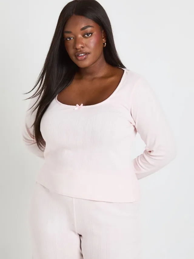boohoo Dames Plus Pointelle Pyjama Top Met Ronde Hals En Lange Mouwen Baby Roze