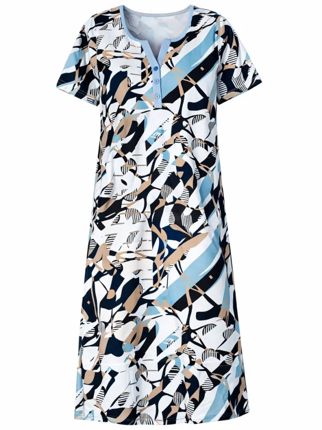 Comtessa Ascafa - Dames Nachthemd Deluxe - Korte Mouw - 100% Katoen - Dessin - 95 cm Blauw, beige, zwart