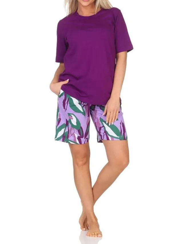 Normann damespyjama shorty van zachte jersey, pyjamabroek met moderne print lila