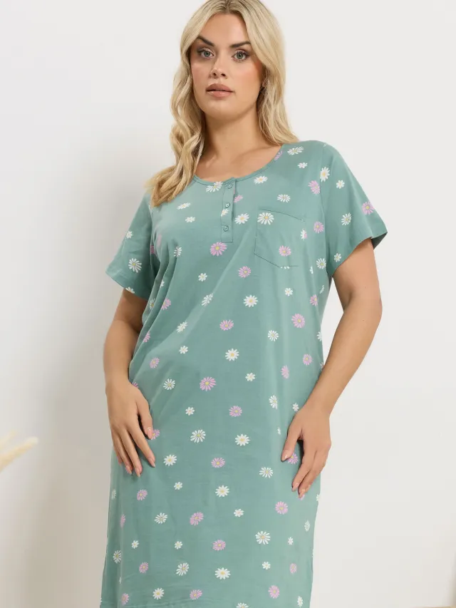 Yours Groene Nachtjapon Met Madeliefjes En Knoopsluiting-56 Green