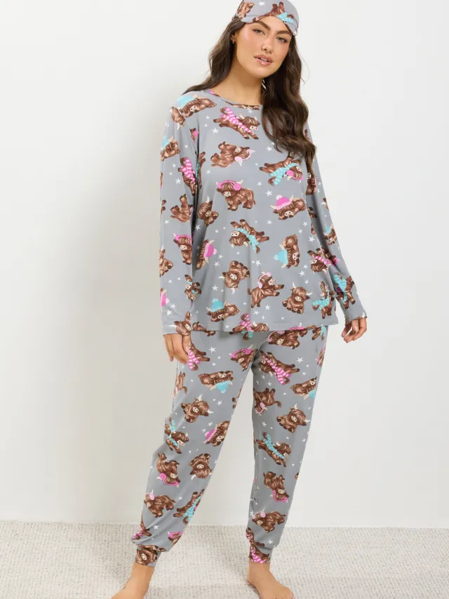 Yours Grijze Zacht Aanvoelende Pyjamaset Met Schotse Hooglander-56 Grey