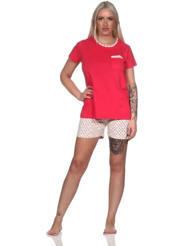 Normann damespyjama shorty met korte mouwen en korte pyjamabroek in stippenlook roze