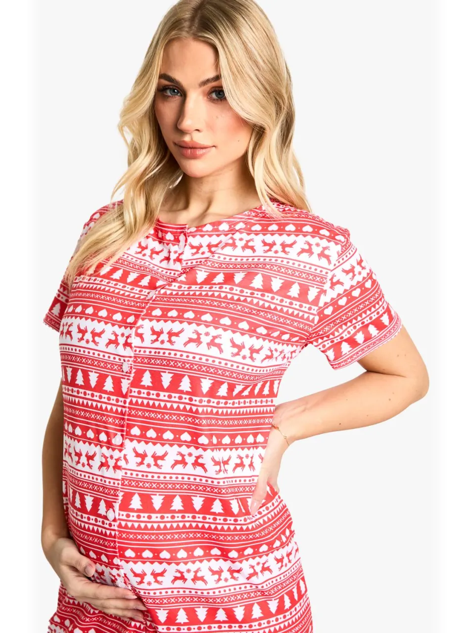 boohoo Dames Zwangerschaps Kerst Fairisle-print 2-pack Peached Button Down Nachtjurk multicolor, foto 3