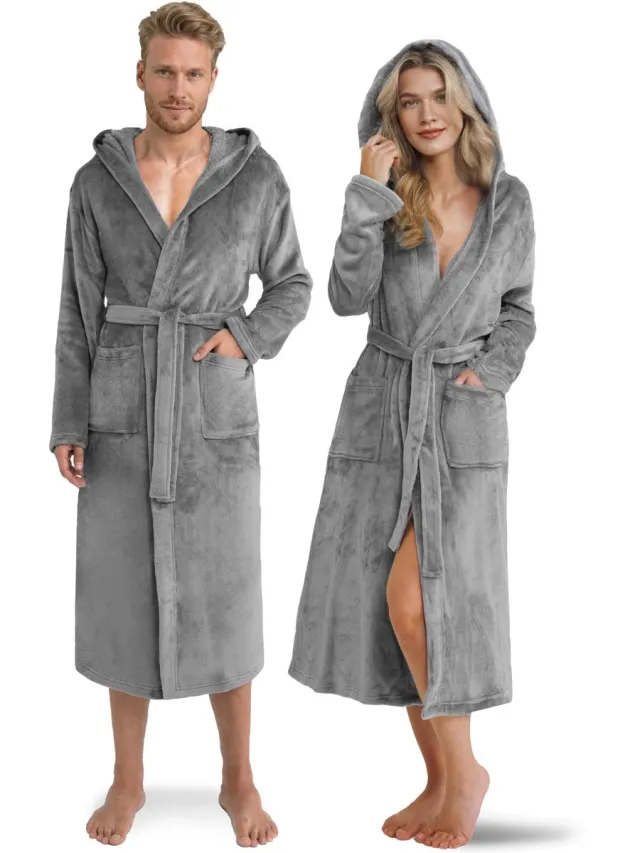 Unyqoos Comfortabele unisex badjas met capuchon van zacht fleece voor thuisgebruik grijs