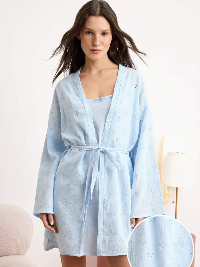 Trendyol TRENDYOLMİLLA Dames 2-pack Blauw Effen Ochtendjassen, foto 2