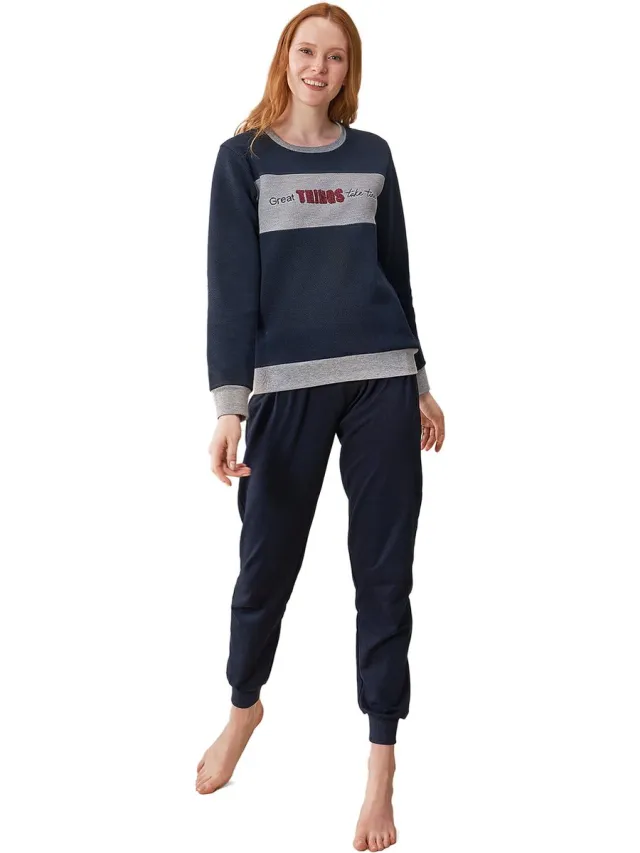 Feyza Dames Pyjama Set, Lange Mouwen, Donkerblauw