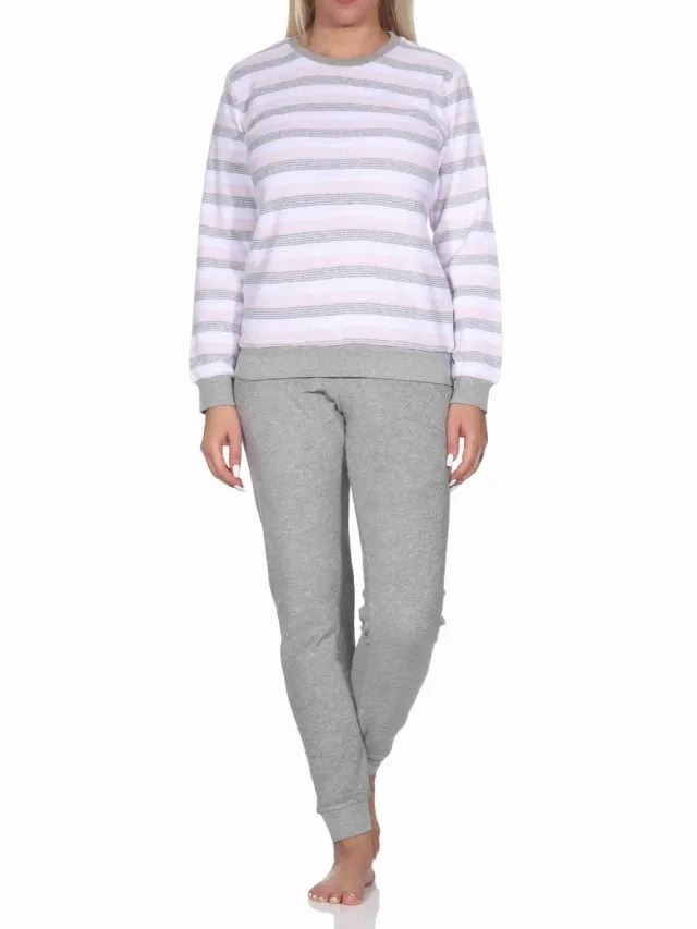 Normann Dames Badstof pyjama met lange mouwen en manchetten - blokstreep-look - ook in overmaten rosa