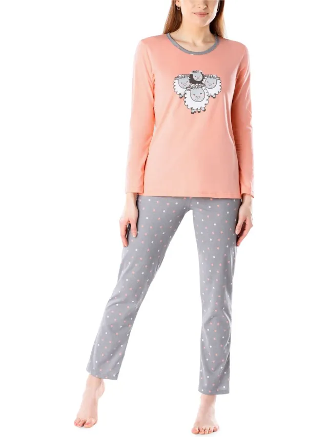 Merry Style Dames Pyjama - Lange mouwen - Lange broek - Katoen - MS-MS10-169-PJ - Zalm Grijs/Schapen