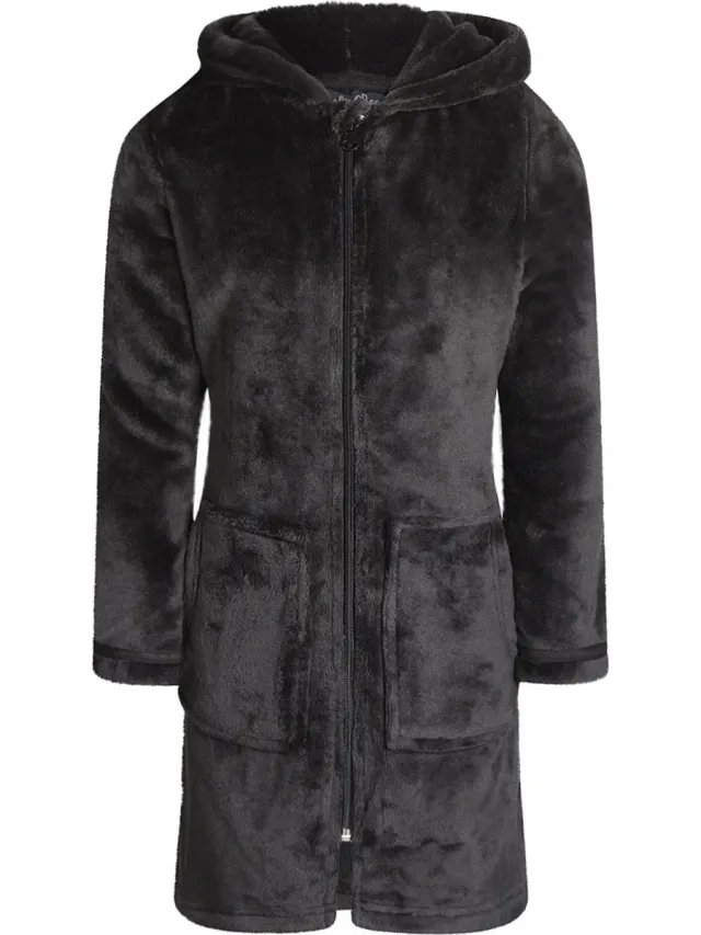 Charlie Choe badjas kind - kinderbadjas met rits & capuchon - zwart/donkergrijs - fleece - 92/98