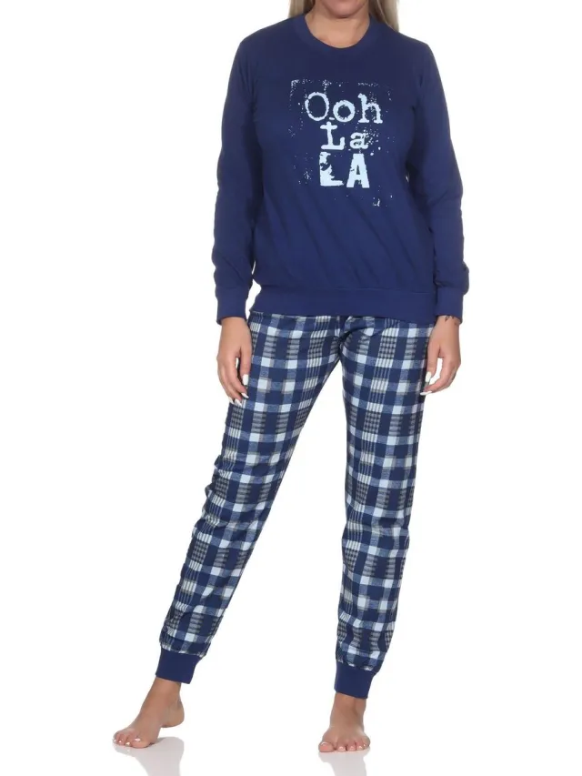Normann damespyjama met lange mouwen en geruite jersey broek navy