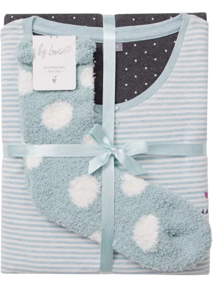 By Louise Dames pyjama set lang interlock gestreept mint / antraciet, foto 2
