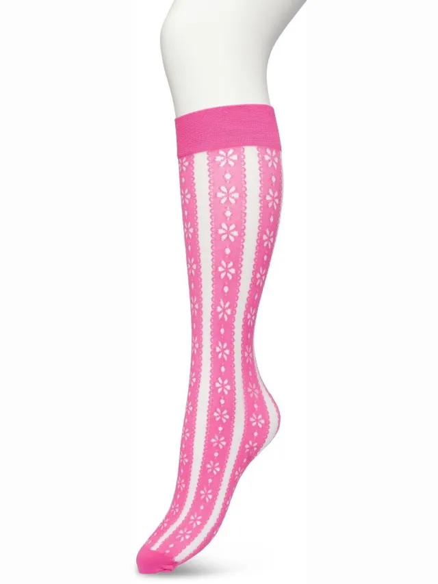 Bonnie Doon Dames Bloemen Panty Kniekousen Roze in - Knie Kousen 50 denier - Gebloemd - Bloemen Print - Uitstekend draagcomfort - Flower Stripe Knee High - Kniesokken - Zakt niet af - OEKO-TEX - Rose Violet - BP221804.339