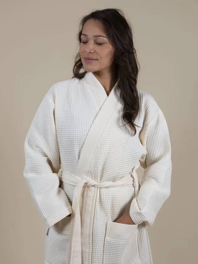 Avezano Royal Cozylion Wafel Badjas - Unisex Dames en Heren - 100% Katoen - Sauna Kimono met Ceintuur en Zakken - Offwhite