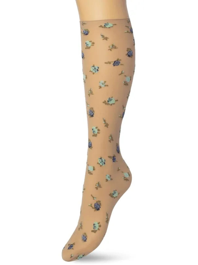 Bonnie Doon Dames Panty Kniekousen met Bloemen Blauw - Gebloemde Knie Kousen - Luxe Knie Sokken - Uitstekend draagcomfort - English Flower Knee High - Kniesokken - Romantisch - Zakt niet af - Black Iris - BP211502.134