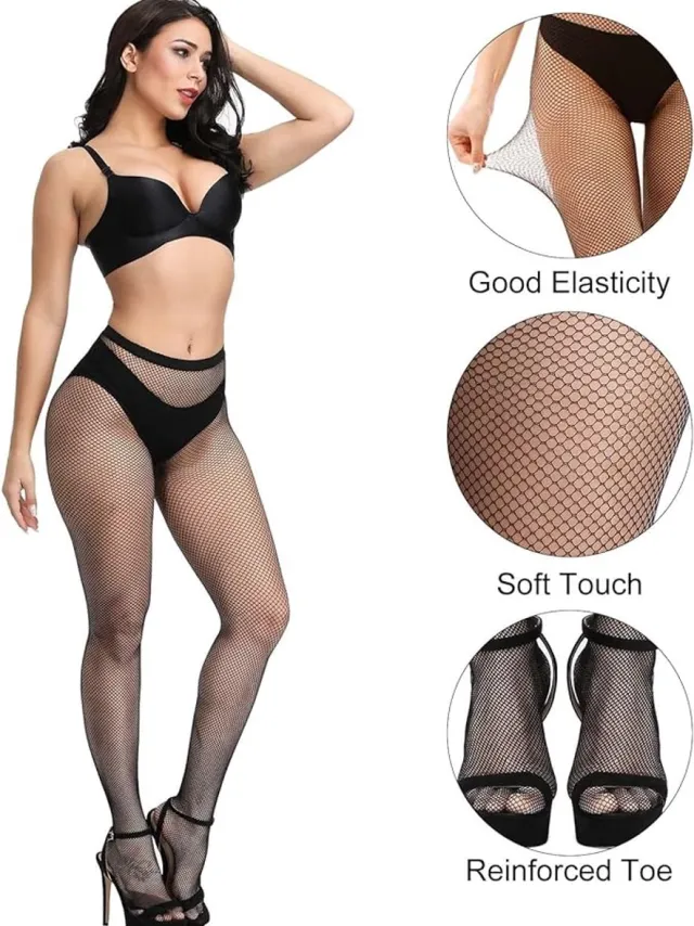 Karma Set van 4 paar netpanty‘s voor dames, hoge taille, 4 stijlen, Zwart