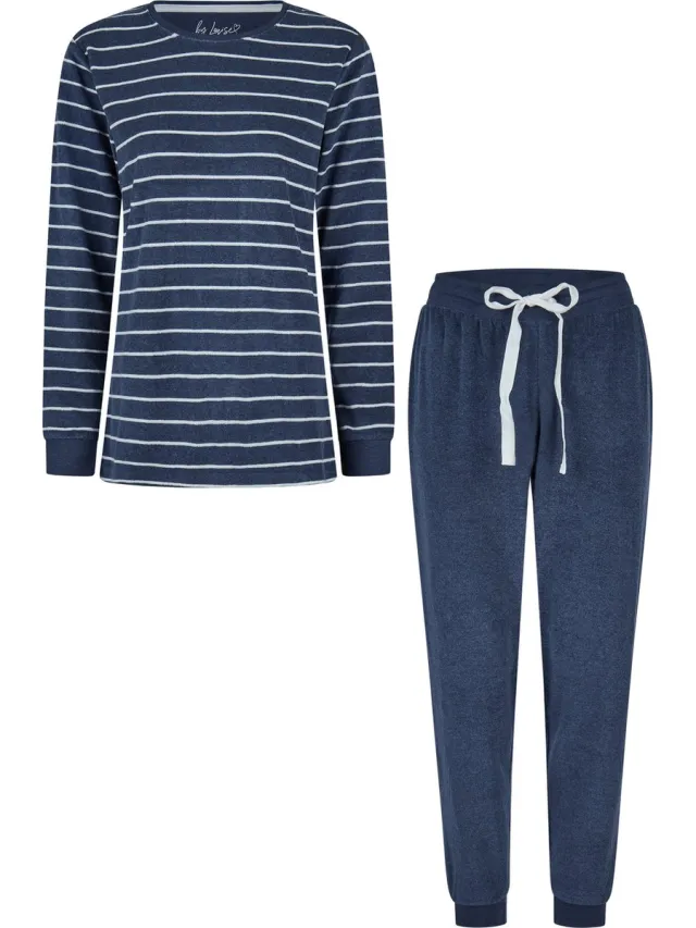 By Louise Dames Winter Pyjama Set Lang Badstof Gestreept Blauw