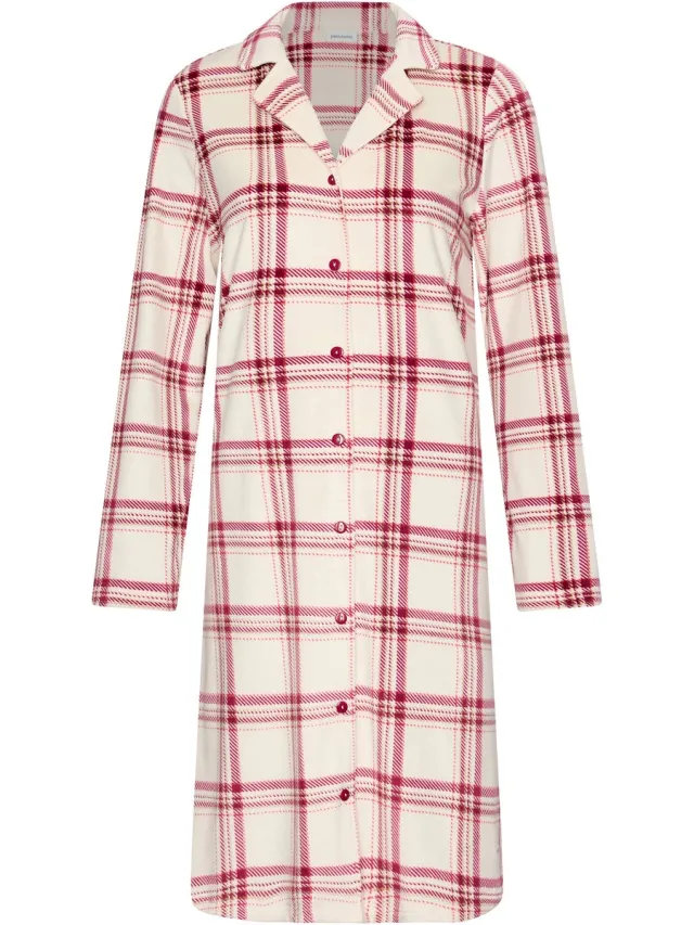 Pastunette Nachthemd - Alpine Creme - Doorknoop - Velours Fleece - Creme/Rood - Geruit